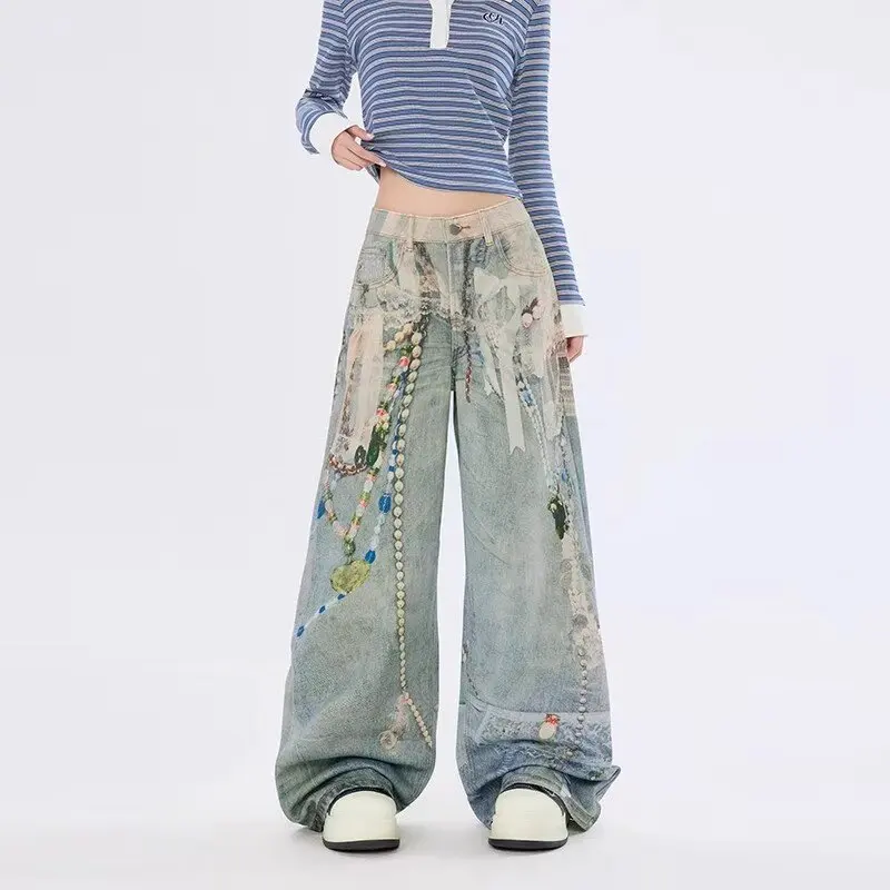 2025 Cyber Y2K Style 3D Printed Vintage Blue Baggy Jeans Pants For Women Clothing Straight Lady Denim Trousers Pantalon Femme