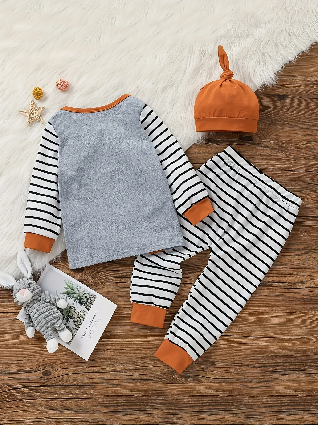 3Pcs Baby Boys Long Sleeve Cartoon Elephant  Top Autumu & Stripe Pantsuit Daily Set +Hat