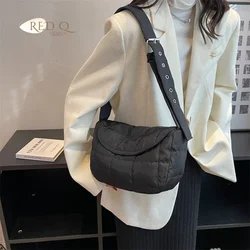 Fashion Women Shoulder Bags Winter Quilted Cotton Padded Crossbody Bag Wide Strap Messenger Handbag Female Shopping Bag Purse