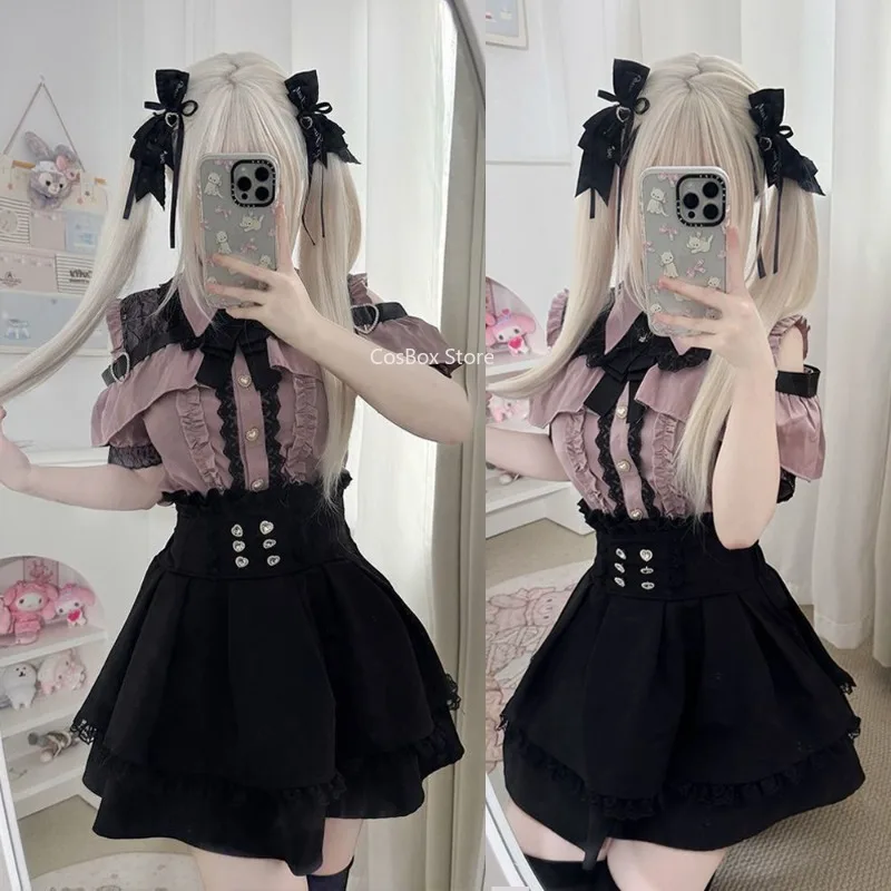 Conjunto de Camisa Jirai Kei, Estilo Lolita Y2K, Blusa de Encaje de Manga Corta y Larga, Estilo Dulce Kawaii para Mujer, Faldas Negras de Cintura Alta, Estilo Japonés