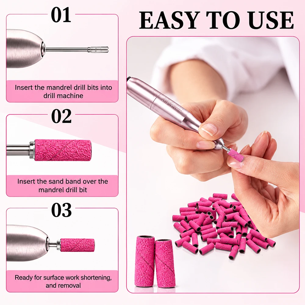 60Pcs Klimonla Nail Art Sanding Bands 80 120 180 240 Grit with 1Pcs Nail Drill Bits for Manicures and Pedicure Accessories