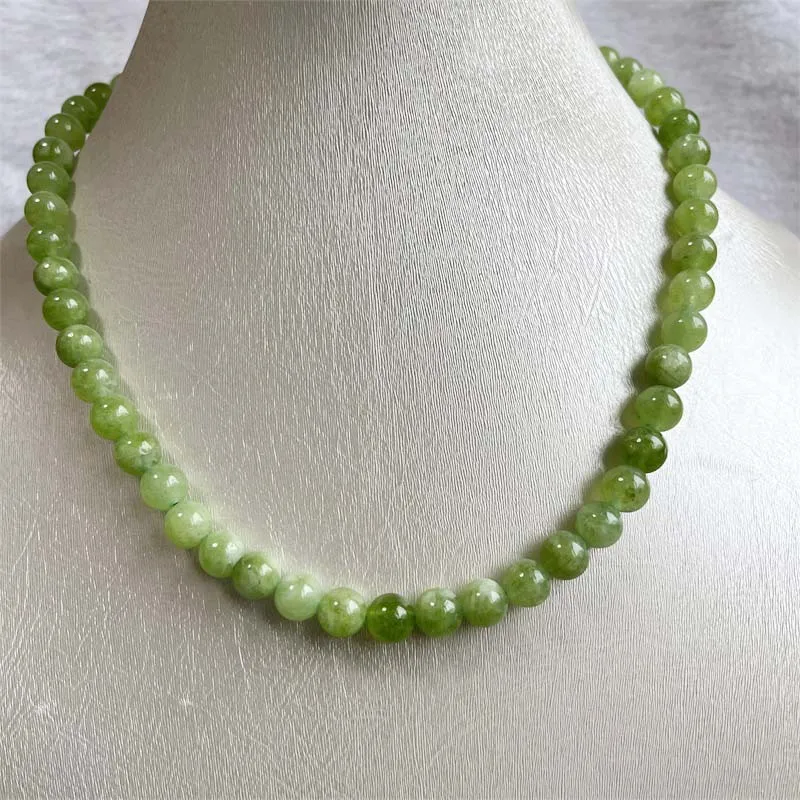 8MM Peridot Jade Necklace Green Natural Stone Olivine Jewelry Health Care Gemstone Protection Choker Healing Yoga Simple Female