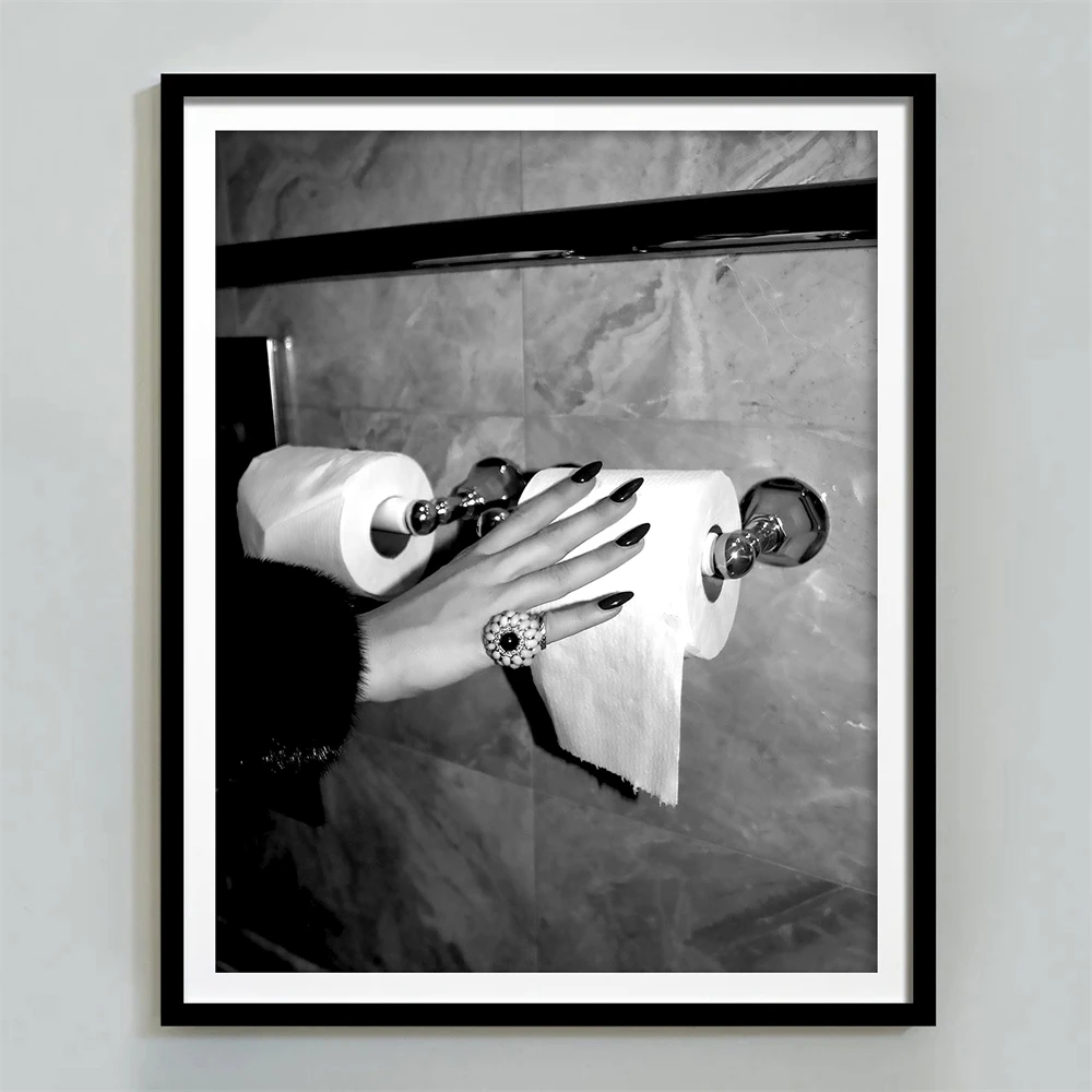 Toilet Paper Hand Print Black and White Bathroom Humor Poster Diamond Ring Wall Art Canvas Painting Modern Minimal Decor