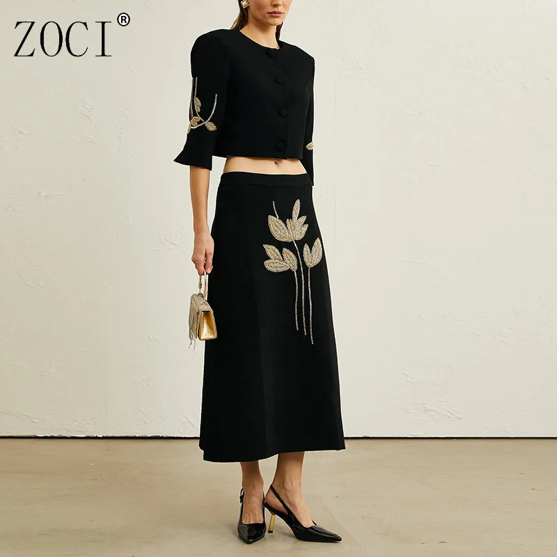 

ZOCI Women's Dress Suit Flower Beading Long Sleeve Tops High Waist Flower Skirts Elegant Female French Style 2025 Summer New