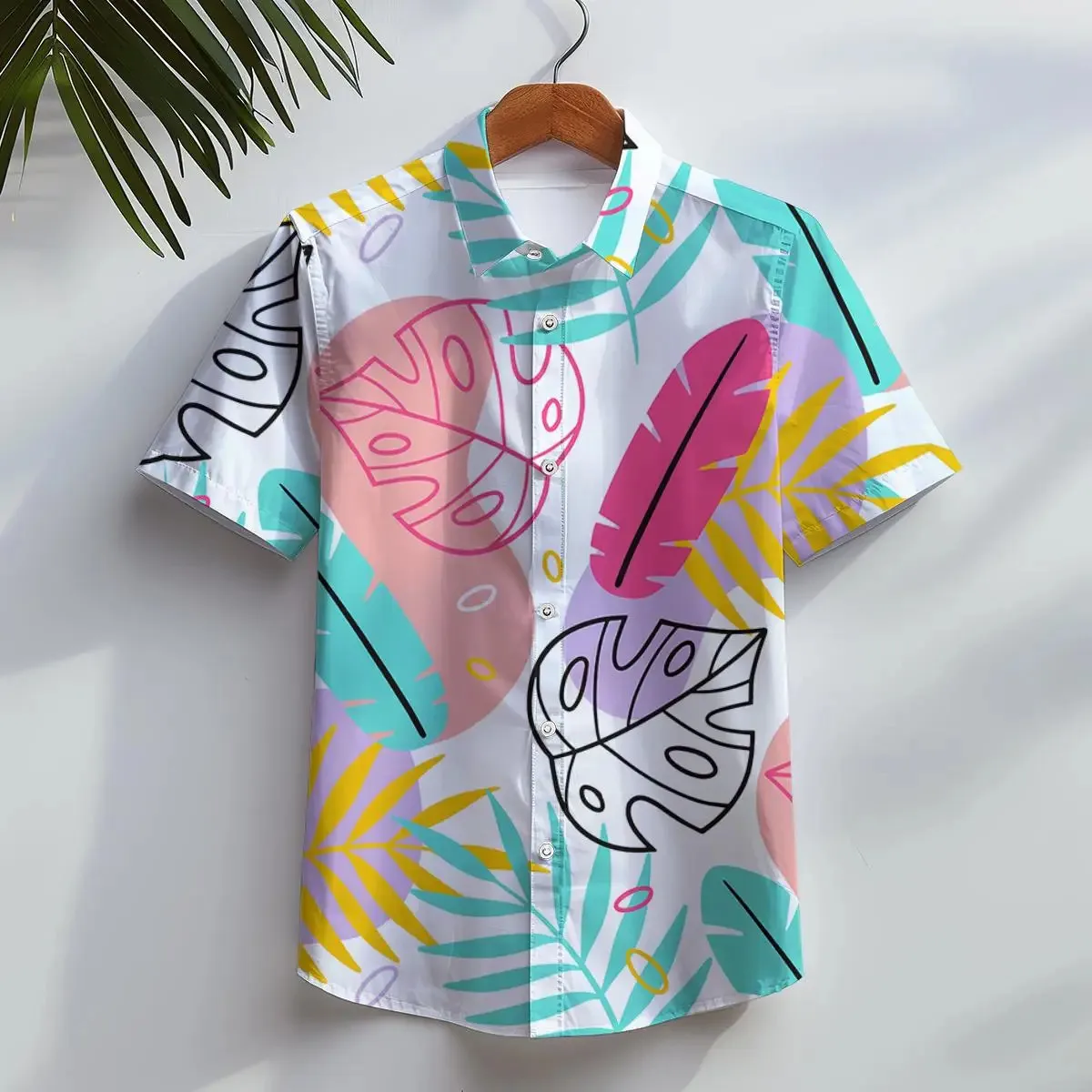 Camisa havaiana impressa 3D de folha tropical infantil, camisas de botão, casual roupas de praia, manga curta, verão