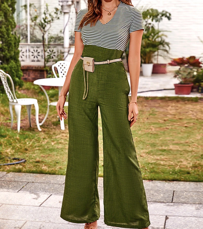 Wide Leg Jumpsuit Tight Woman New Summer 2024 Fashion Sexy Light Green Short Sleeved Striped  Jump Suits for Female Streetwear