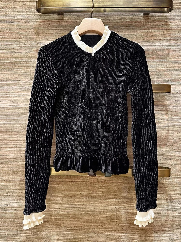 

Bla Velvet Dstring Collar Slim Fit Pleated S-Home Top Autumn New Sle Color Blo Ladies Faion Commute Sle T-irt