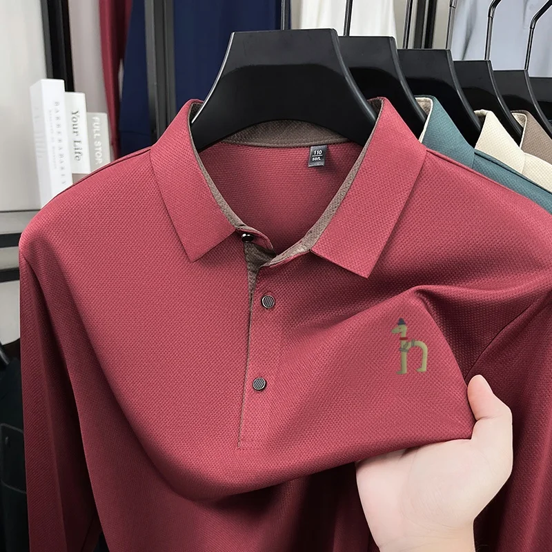Hochwertiges Herren-Polohemd mit Originaldruck, Herbst-Trend, einfarbig, Revers, Langarm-T-Shirt, Business-Casual-Herrenbekleidung – Detail 9