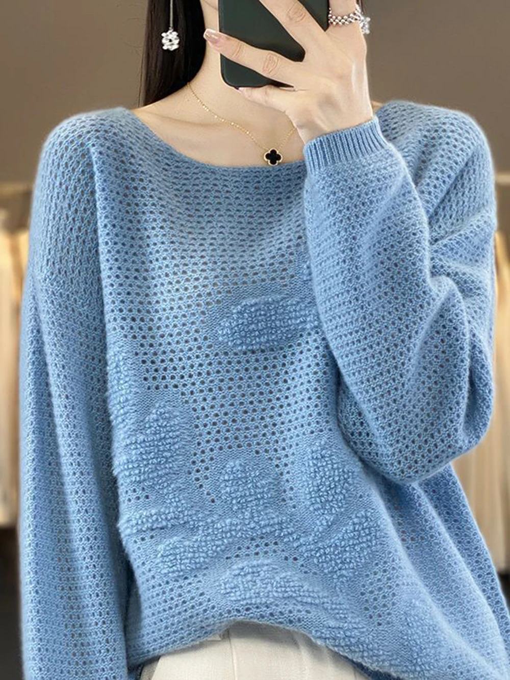 Cashmere Sweaters  Women Loose Casual Pull Femmel O-Neck Pullover Sueters De Mujer Hollow Out Knitted Sweater Long Sleeve Pulls