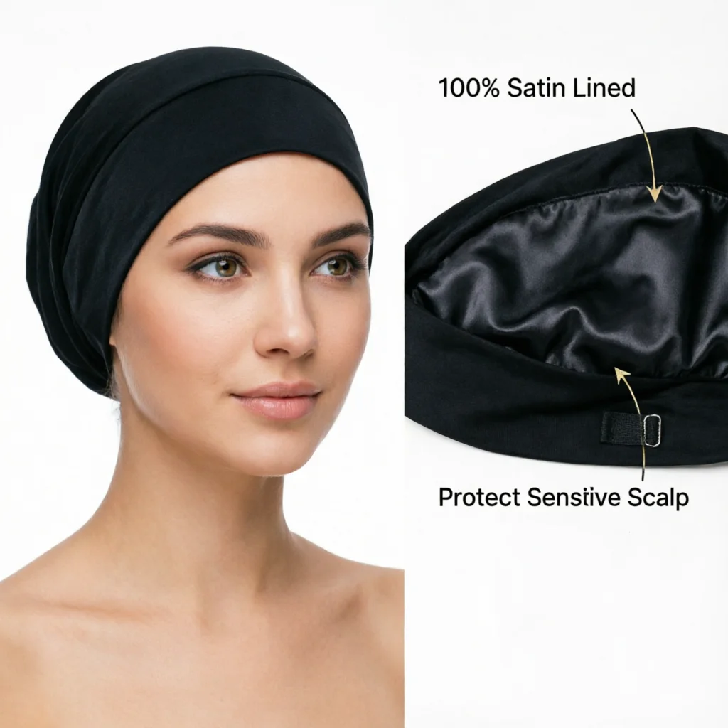 Silk Satin Lined Bonnet Sleep Cap - Adjustable Stay on All Night Hair Wrap Cover Slouchy Beanie for Curly Protection Women and