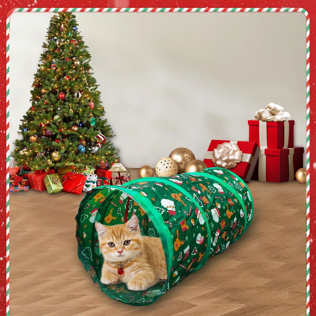 1PC Christmas Design Cat Tunnel Dog Training Tunnel Foldable Storage Tunnel Pet Toy Cat Interactive Toy Play Tunnel/Cat Nest/Rabbit Nest/Small Pet