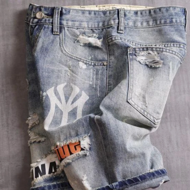 Men\'s Denim Shorts With Holes Washed Korean Style Straight Quarter Patch Casual Jeans