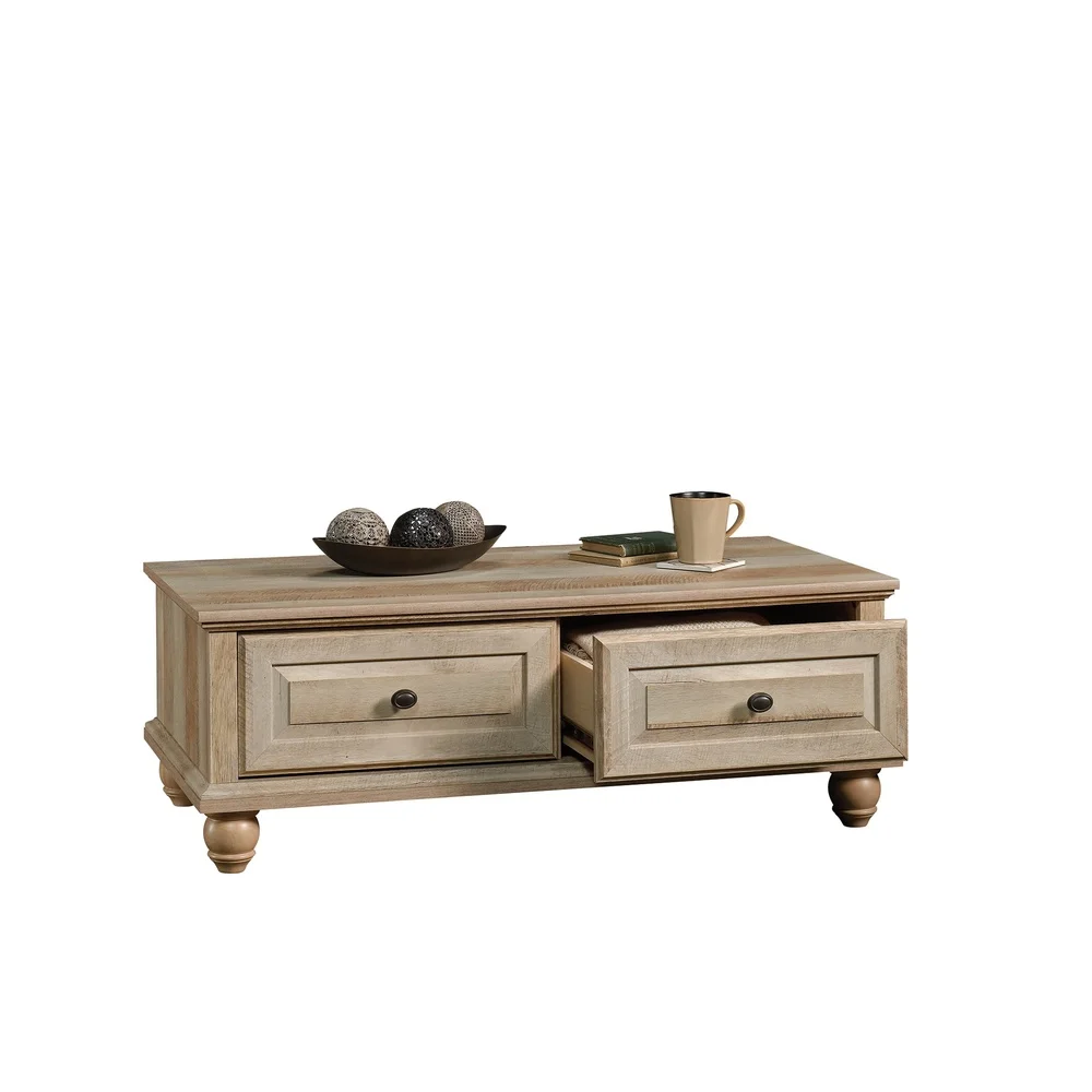 Spacious Coffee Table with Weathered Finish Two Drawers Solid Wood Feet Quick Assembly Indoor Storage Rectangle Design