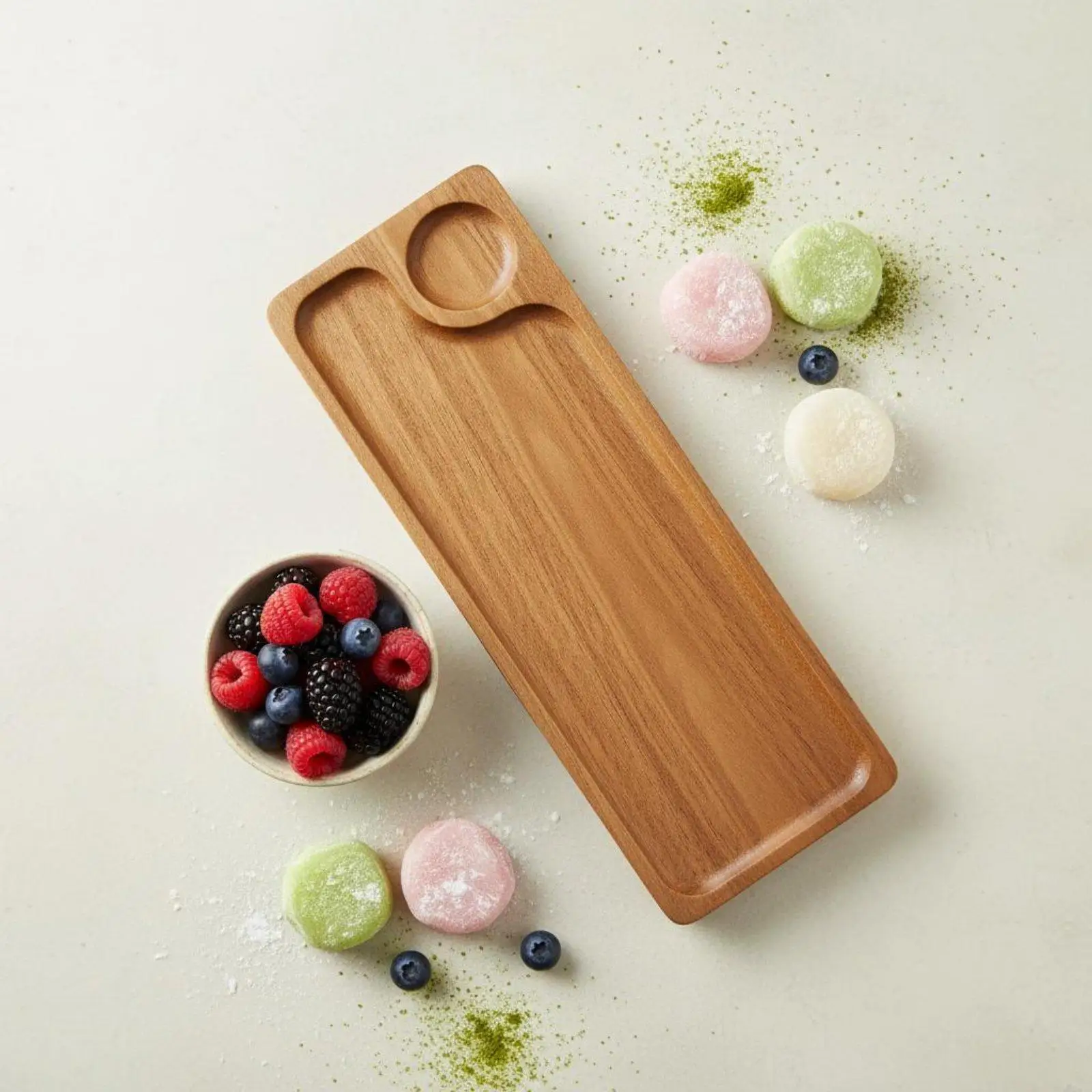 3-Piece Rectangular Serving Tray Set, Acacia Wood Tray with Built-in Cup Holder, Hand-Polished Surface, Suitable for