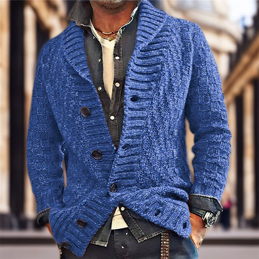 

Blue Men's Knitted Cardigan Solid Loose Sweater Autumn Winter Casual Streetwear Lapel Coats British Vintage Male Jacket Clothes