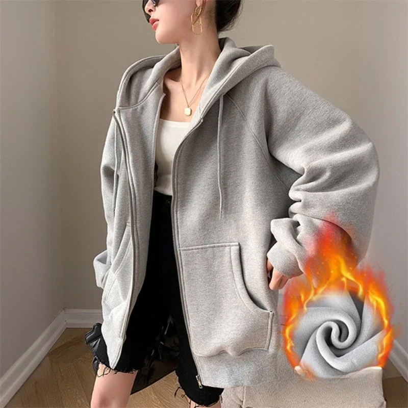 เสื้อฮู้ดผู้หญิง ฤดูหนาว สไตล์เกาหลีใหม่ ทรงหลวม สไตล์สบายๆ ซิปคาร์ดิแกน เสื้อแจ็คเก็ต ผ้ากำมะหยี่ เสื้อสเวตเตอร์ผู้หญิง เสื้อผ้าผู้หญิง