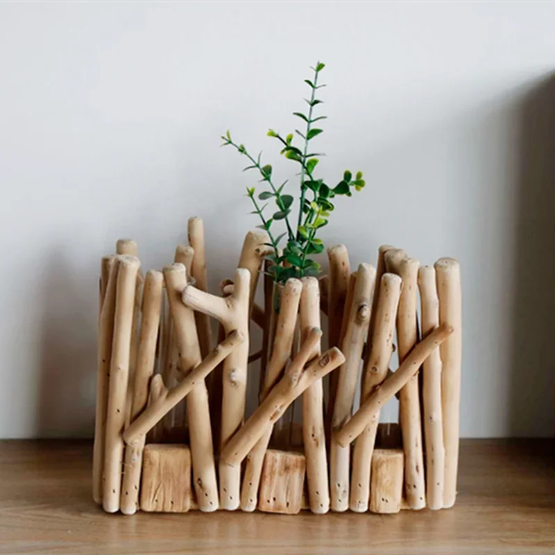 Handmade Wooden Vase Test Tube Glass Flower Hydroponic Vases Plant Pot Flowerpot Arrangement Decorative Crafts
