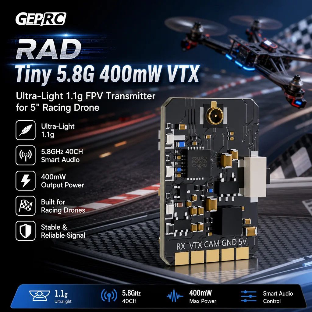 GEPRC RAD Tiny 5.8G 400mW VTX – Transmisor FPV ultraligero de 1.1g para Dron de Carreras Racer de 5 pulgadas
