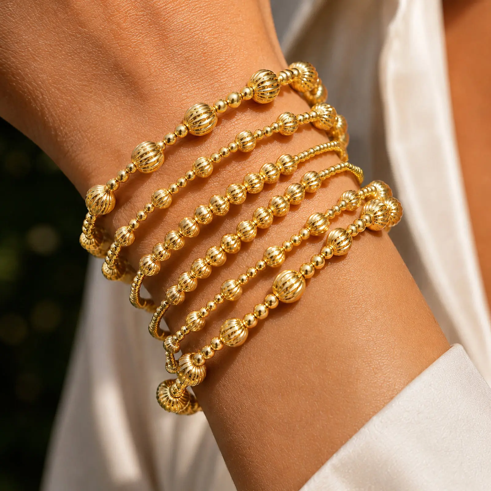 Gold Beaded Bracelet for Women, Copper Round Bead Stretch Style, Stackable Everyday Jewelry