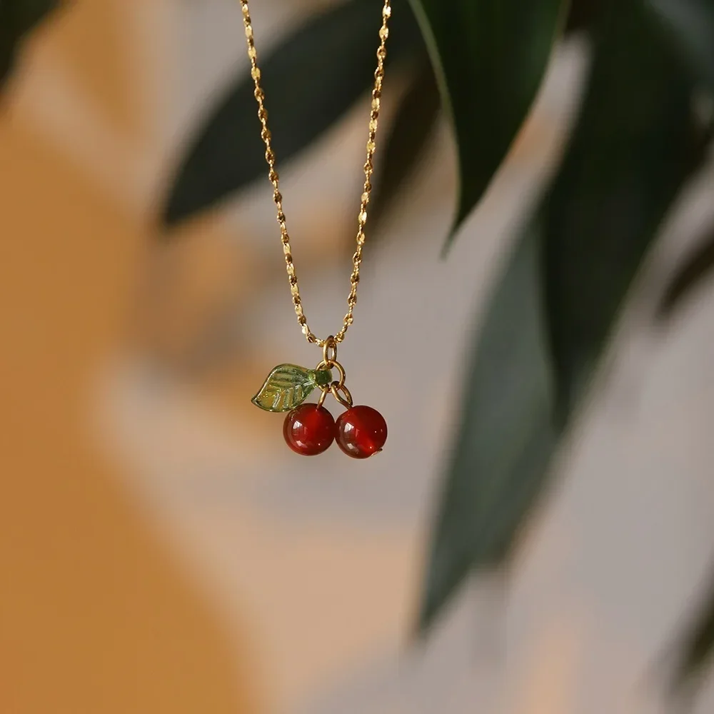 Charm Fashion Red Cherry Green Leaf Pendant Necklace for Women Temperament Trendy Stainless Steel Korea Collar Jewelry Colorfast