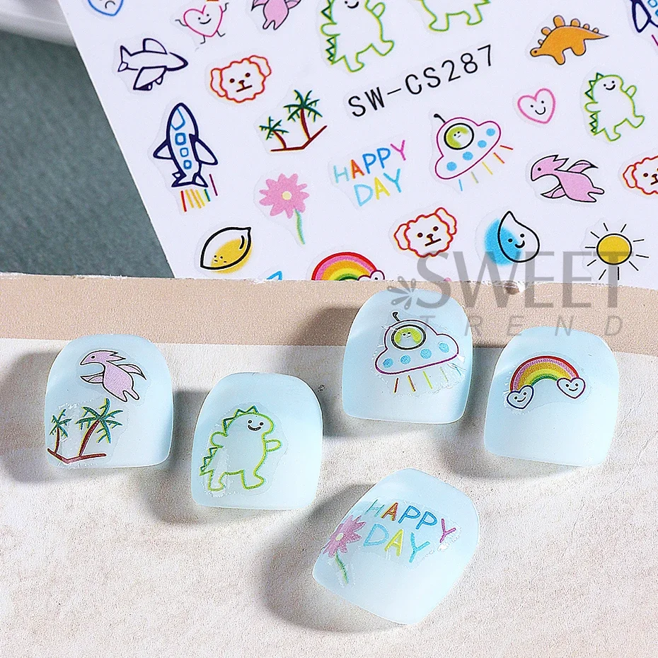 2 pezzi adesivi per nail art dinosauro cartone animato 3D graffiti simpatico dinosauro cane fiore amore design decalcomanie per unghie cursori decorazione manicure fai da te