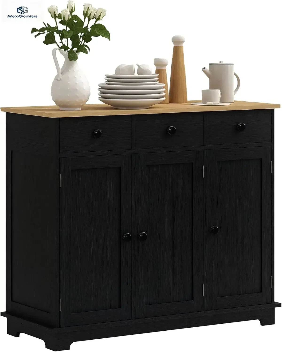 Sideboard with Solid Wood Countertop, Modern Kitchen Storage Cabinet, Coffee Bar Cabinet with 3 Drawers, Doors and Adjustable Sh