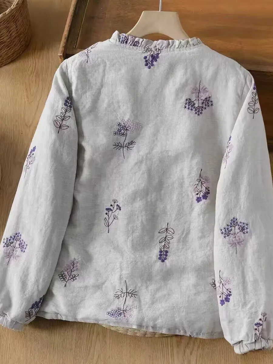 Thickened Cotton Jacket Women's Winter Coat Purple Flower Print Warmth Collar Artistic Style Casual Loose Fit Polyester Blend