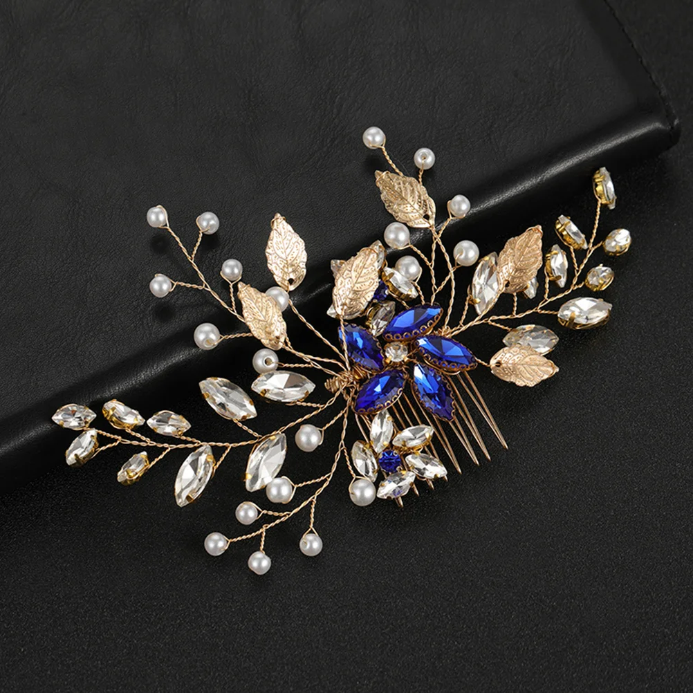 مشط شعر من حجر الراين باللون الأزرق اللؤلؤي أنيق لحفلات الزفاف وحفلات الزفاف وحفلات التخرج للفتيات على شكل زهرة العروس وغطاء الرأس