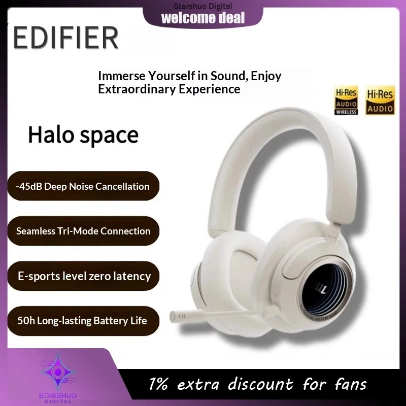 سماعات رأس Edifier Halo Space Over Ear اللاسلكية المزودة بتقنية البلوتوث وإلغاء الضوضاء النشطة للألعاب، سماعة رأس منخفضة الكمون، مريحة