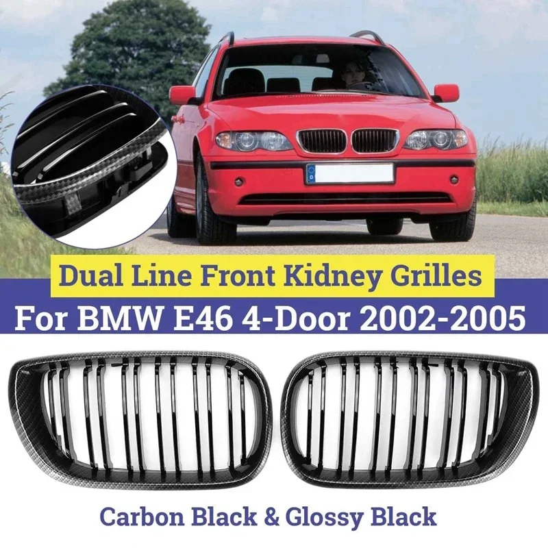 New-1Pair Car Carbon Gloss Black Dual Line Front Kidney Grilles For BMW E46 4 Door 3 Series 2002-2005 Car Accessories