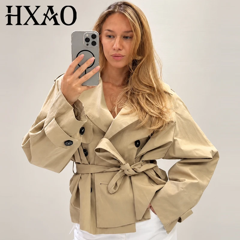 HXAO Crop Khaki-Jacke, Damenjacke, Herbst, Langarm, Schulterpolster, doppelreihig, mit Gürtel, kurzer Trenchcoat, modische Oberbekleidung – Detail 3
