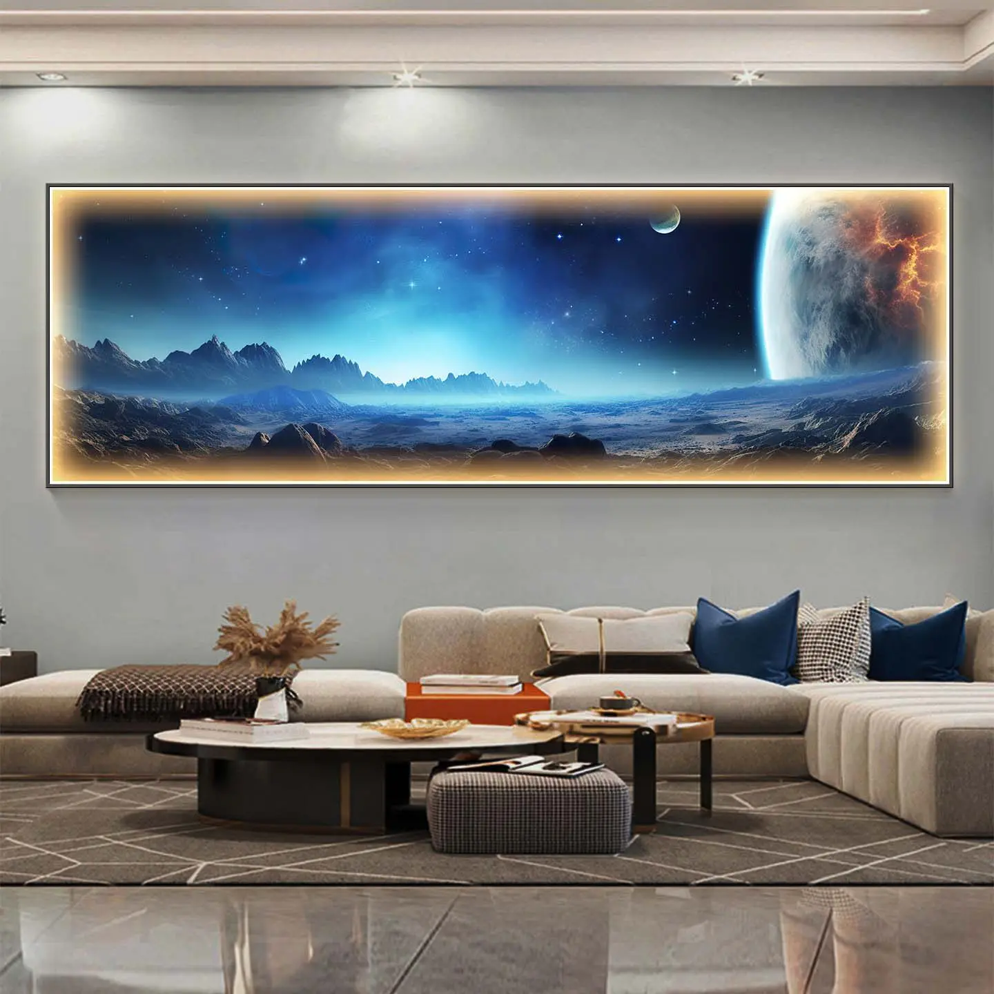 #Modern Luxury Blue Starry Sky Living Room Decoration Painting Led Light Emitting Bedroom Bedside Hanging Painting Moon Mural