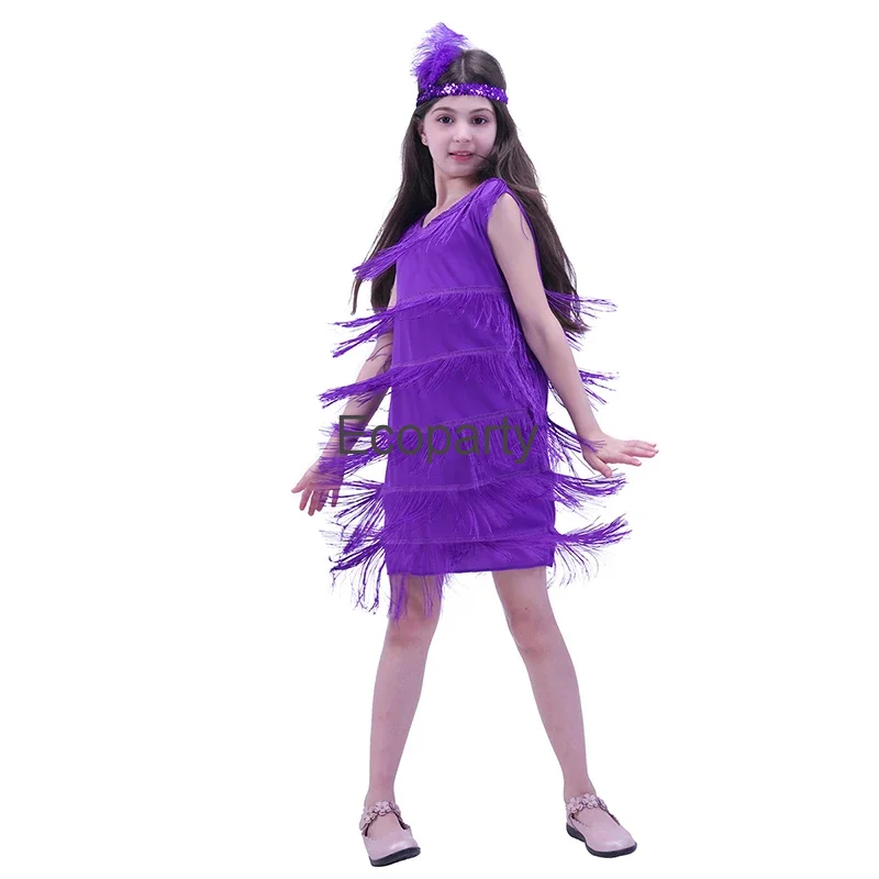 1920S Kids Flapper Jurk Jonge Meisjes Latin Dance Kostuums Effen O-hals Mouwloze Kwastjurken Met Hoofddeksels Halloween Outfit