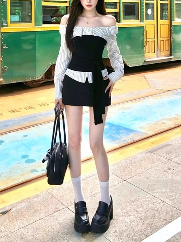 Herbst Elegante Gestreifte Design Patchwork Sets Eine Schulter Schlank Top + Mini Rock Anzug Frauen Korea Chic Langarm 2-stück Set
