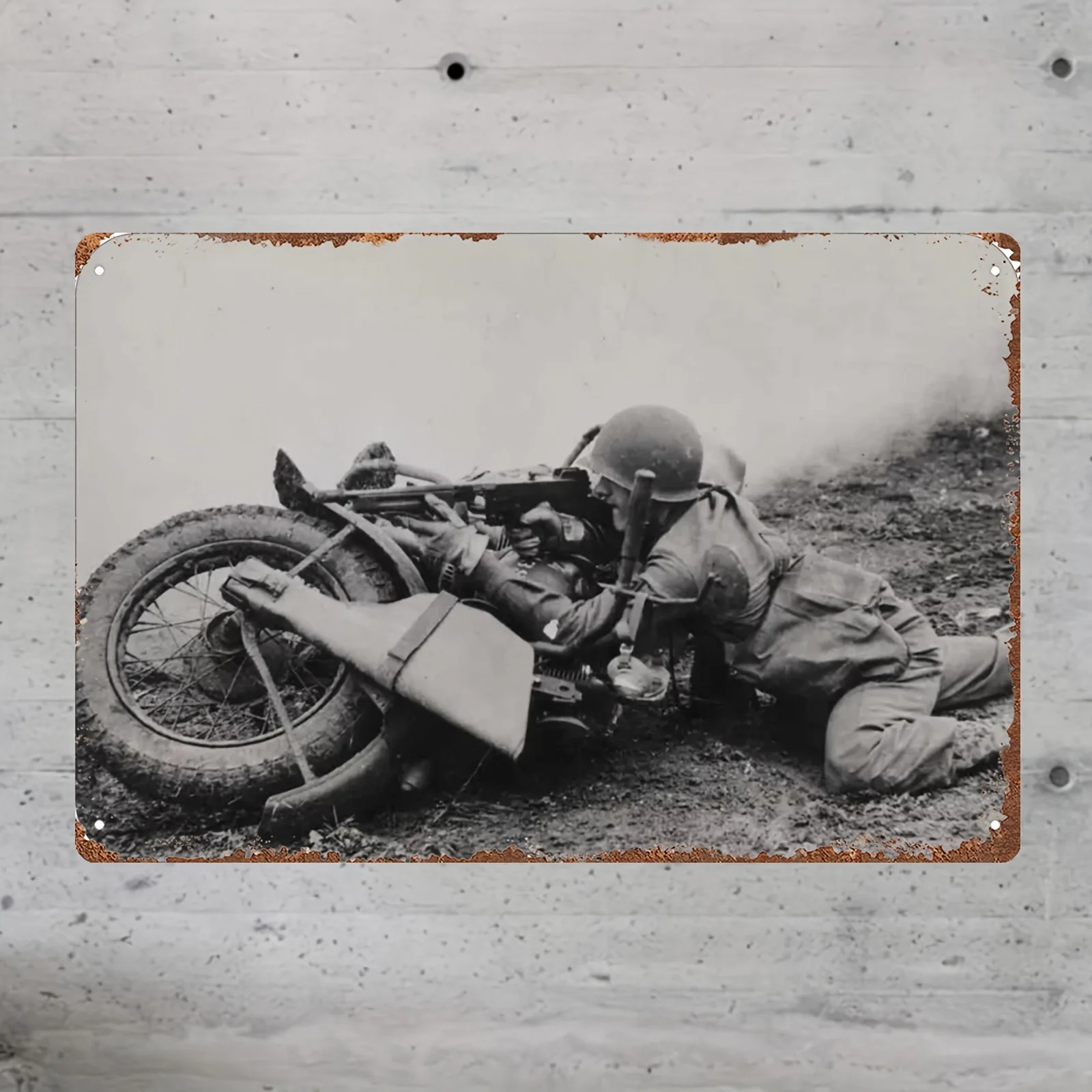 Vintage WWII Soldier on Motorcycle Metal Tin Sign - Rustic Black & White Wall Art, Durable Iron, Perfect for Home Decor & Milita