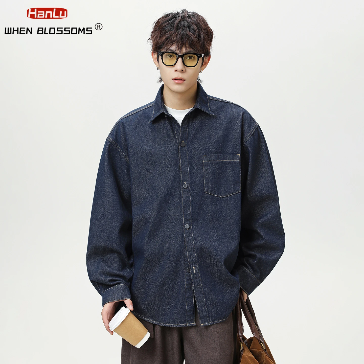 HANGLU 2025 Men's Raw Denim Shirt Japanese Relaxed Fit Washed Vintage Streetwear Long Sleeve Overshirt Casual Jacket