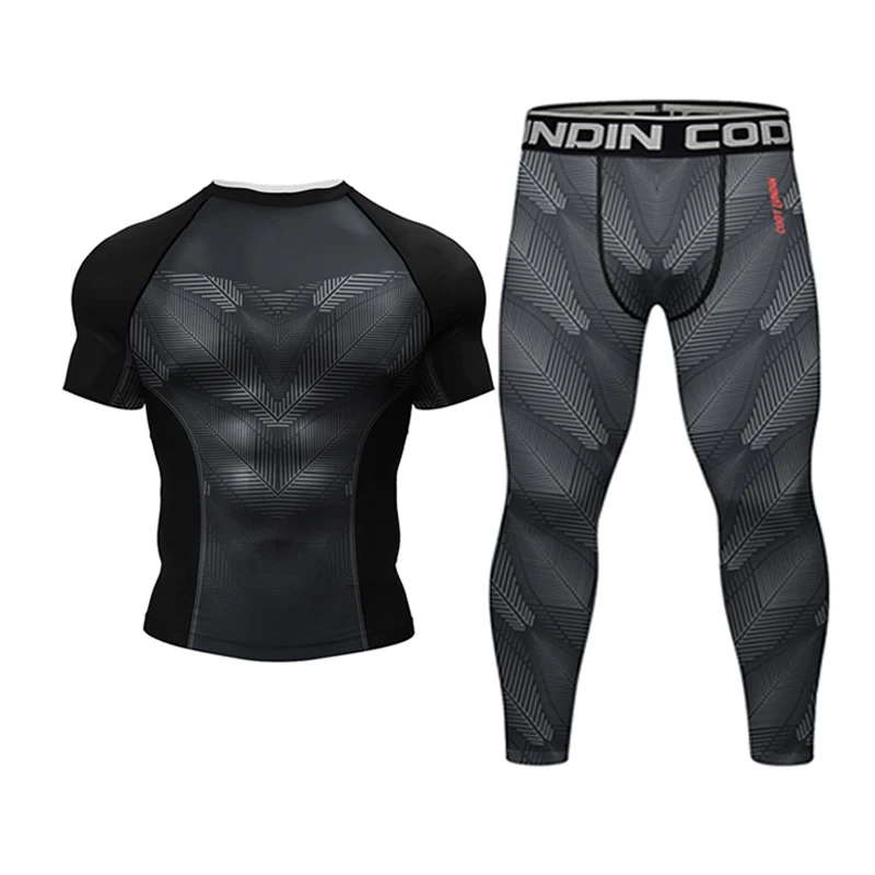 New Boxing Rashguard MMA T-shirt+Shorts For Men 4PCS/Set Black Grappling Bjj Rash Guard Jiu Jitsu T-shirts Sport Tights Clothing