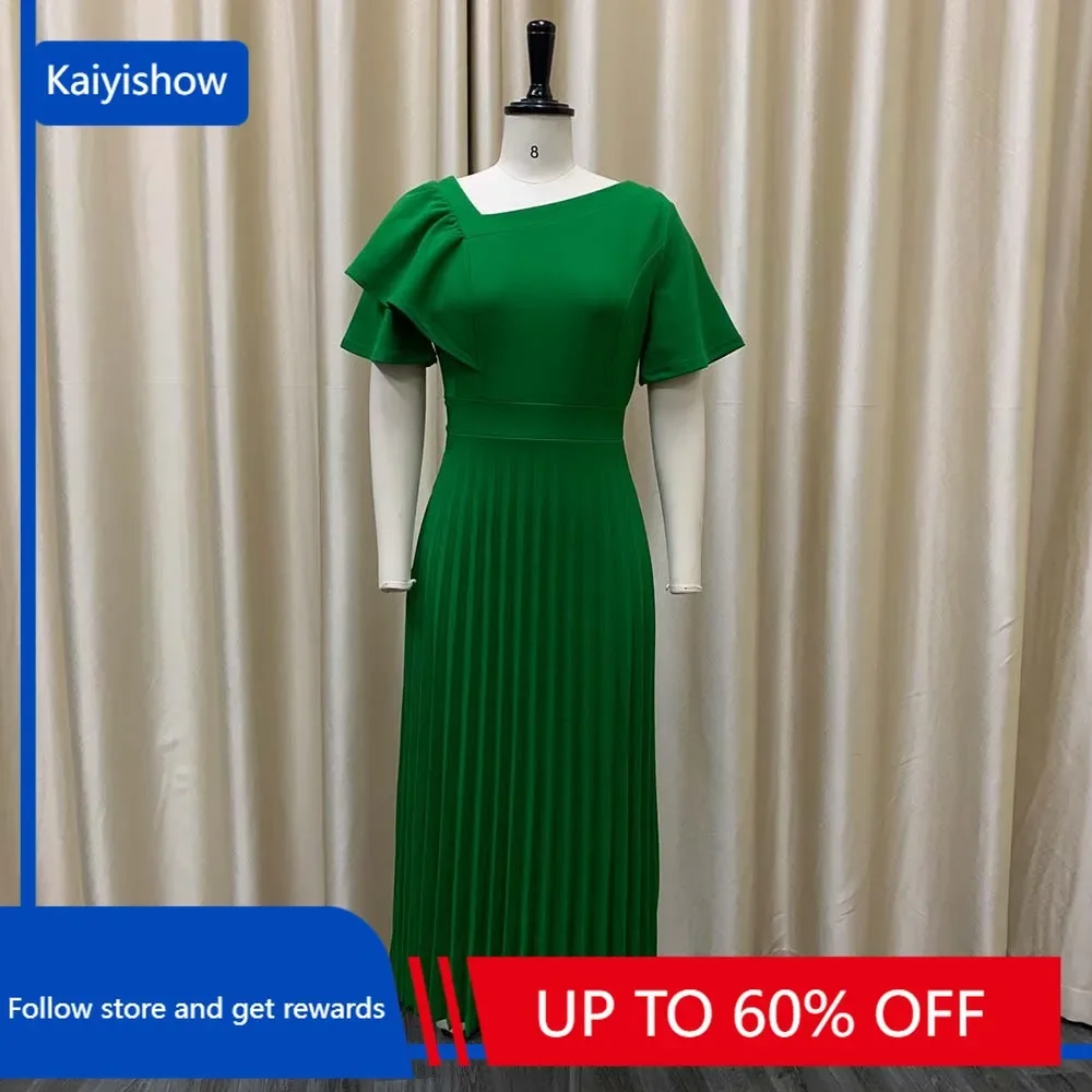 

Women Green Pleated Dresses Bow Short Sleeve Elegant A Line Midi Dress Fashion Formal Party Event African Gowns Big Size