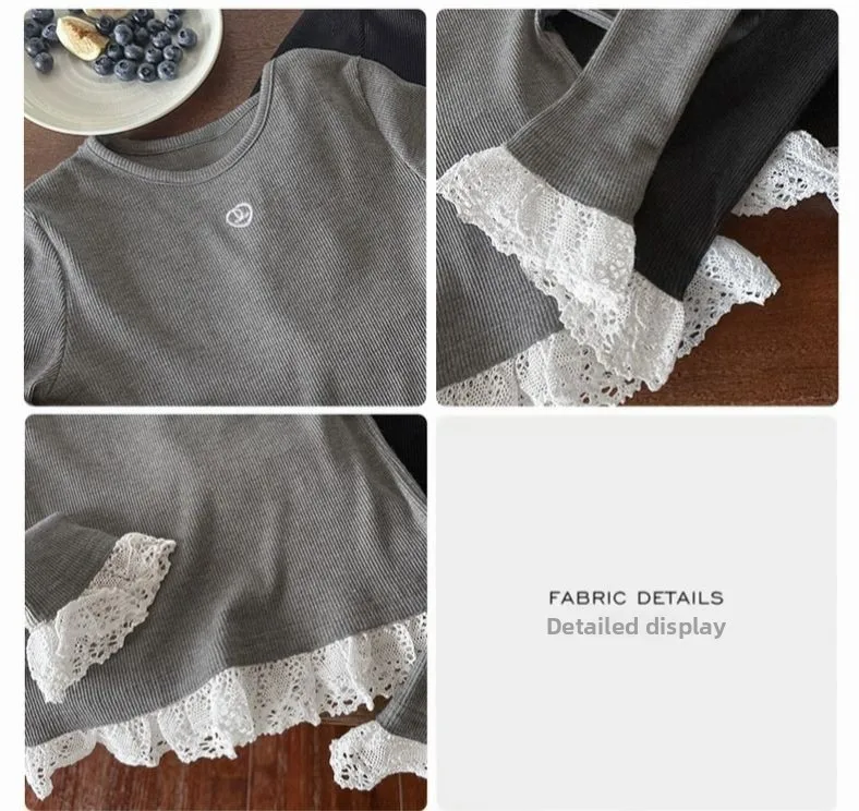 Kinder Herbst Baumwoll-T-Shirt Baby Mädchen Langarm Freizeitkleidung T-Shirts Kinder Einfarbiges Oberteil mit Spitzenrand-Dekoration für 1-10 Jahre – Detail 5