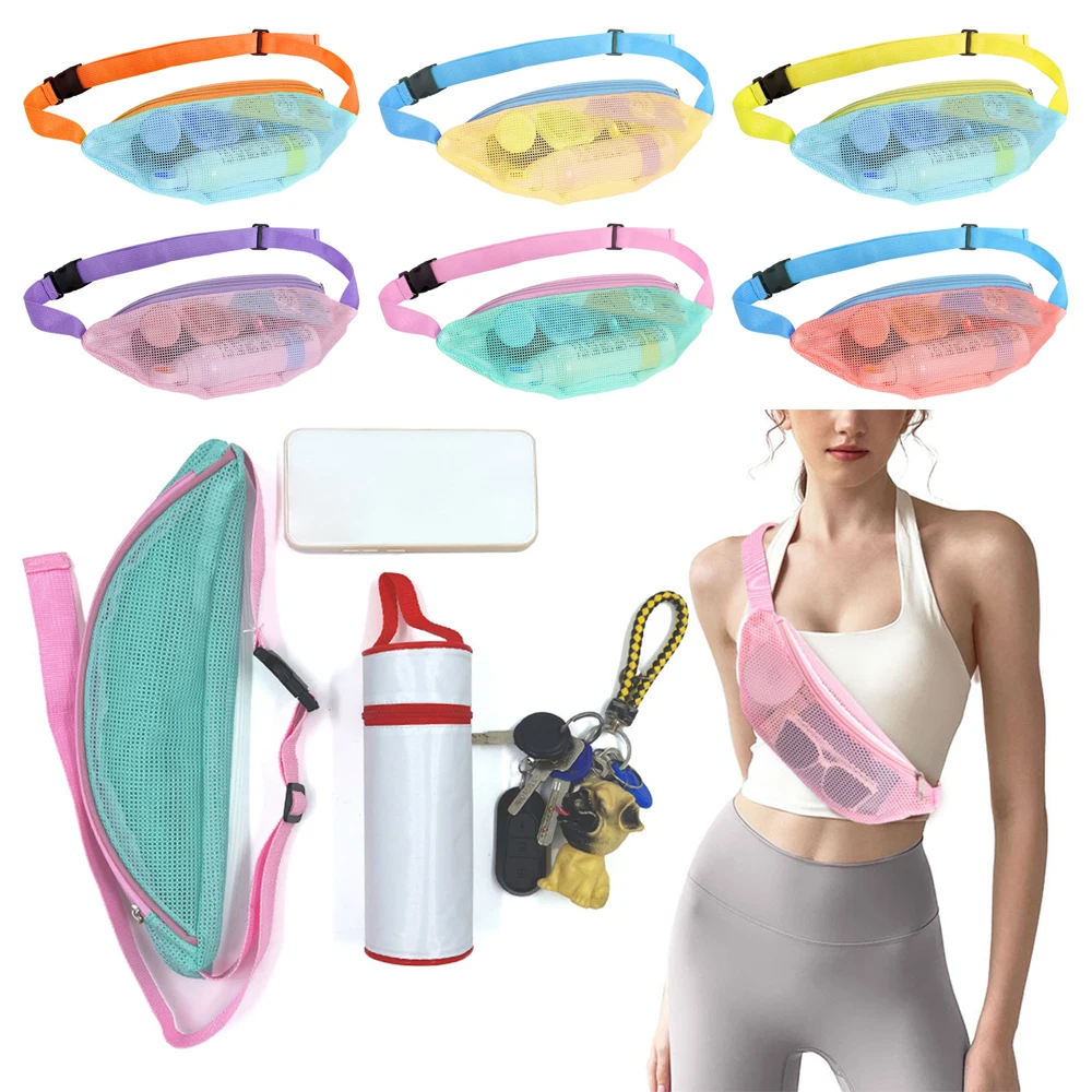 

Breathable Beach Mesh Fanny Pack Adjustable Belt Storage Case Mesh Beach Bag Foldable Waterproofs Mobile Phone Bag