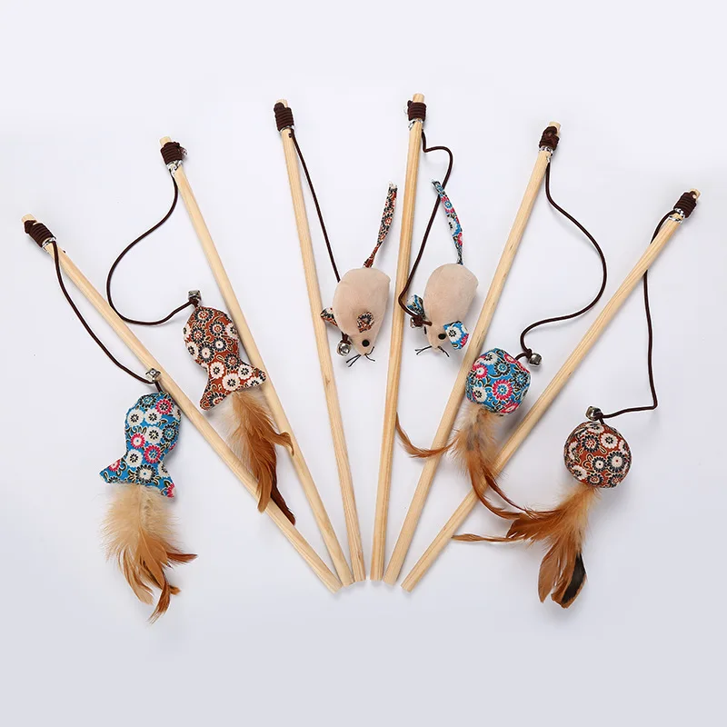 

Pet Supplies Wooden Rod Mouse Fish Shaped Feather with Bell Teasing Stick Self Hi Interactive Cat Toy