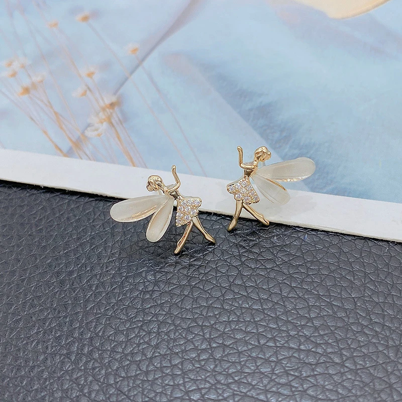 Fashion Cute Flower Wings Elf Stud Earring For Women Girls Design Zircon Fairy Exquisite Earring Jewelry