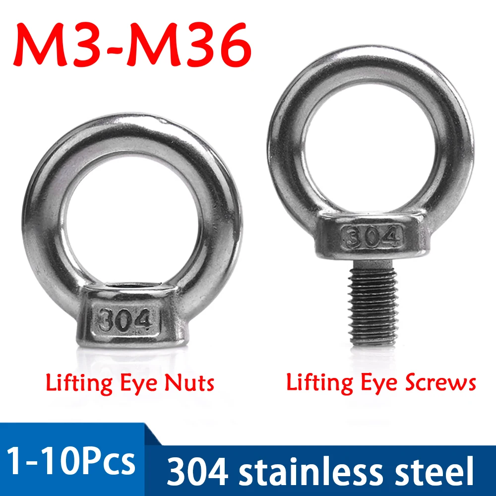 

1-10Pcs 304 Stainless Steel Lifting Eye Nuts / Eye Screws Ring Bolt M3 M4 M5 M6 M8 M10 M12-M36 Ring Hooking Nut Screws