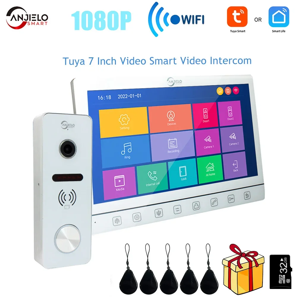 Tuya Videocitofono intelligente da 7 pollici Videocitofono 1080p Campanello 160 °   Sblocco scheda IC per telecamera WiFi Porteiro Electronic Doorman