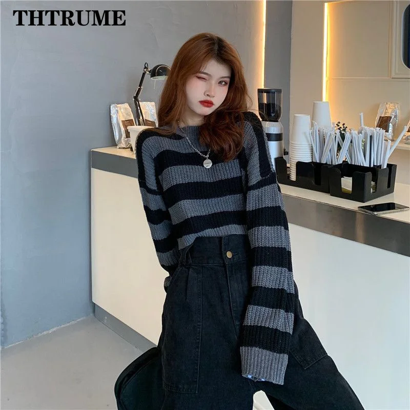 Y2K Striped Vintage Women Sweater Fashion Autumn Winter Long Sleeve Round Neck Korean Jumper Casual Office Lady Loose Pullovers