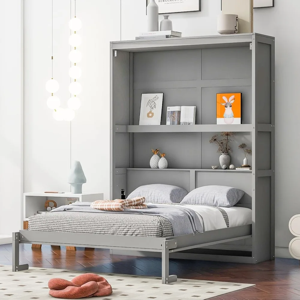 S85d3257cf78b46e38bd9c07696bb928aU Grey Full Size Murphy Bed with Shelf for Small Rooms and Families