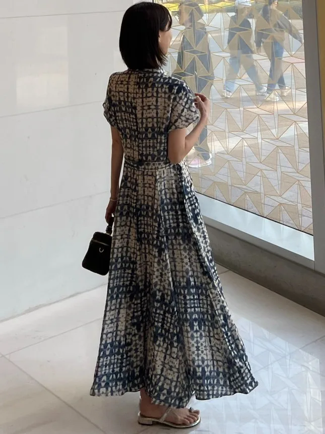 

Summer New Women's Geometric Print ort Sve Dr Waist-Cinching Long Dr Vintage Ele Knot Waist Design Holiday Sle