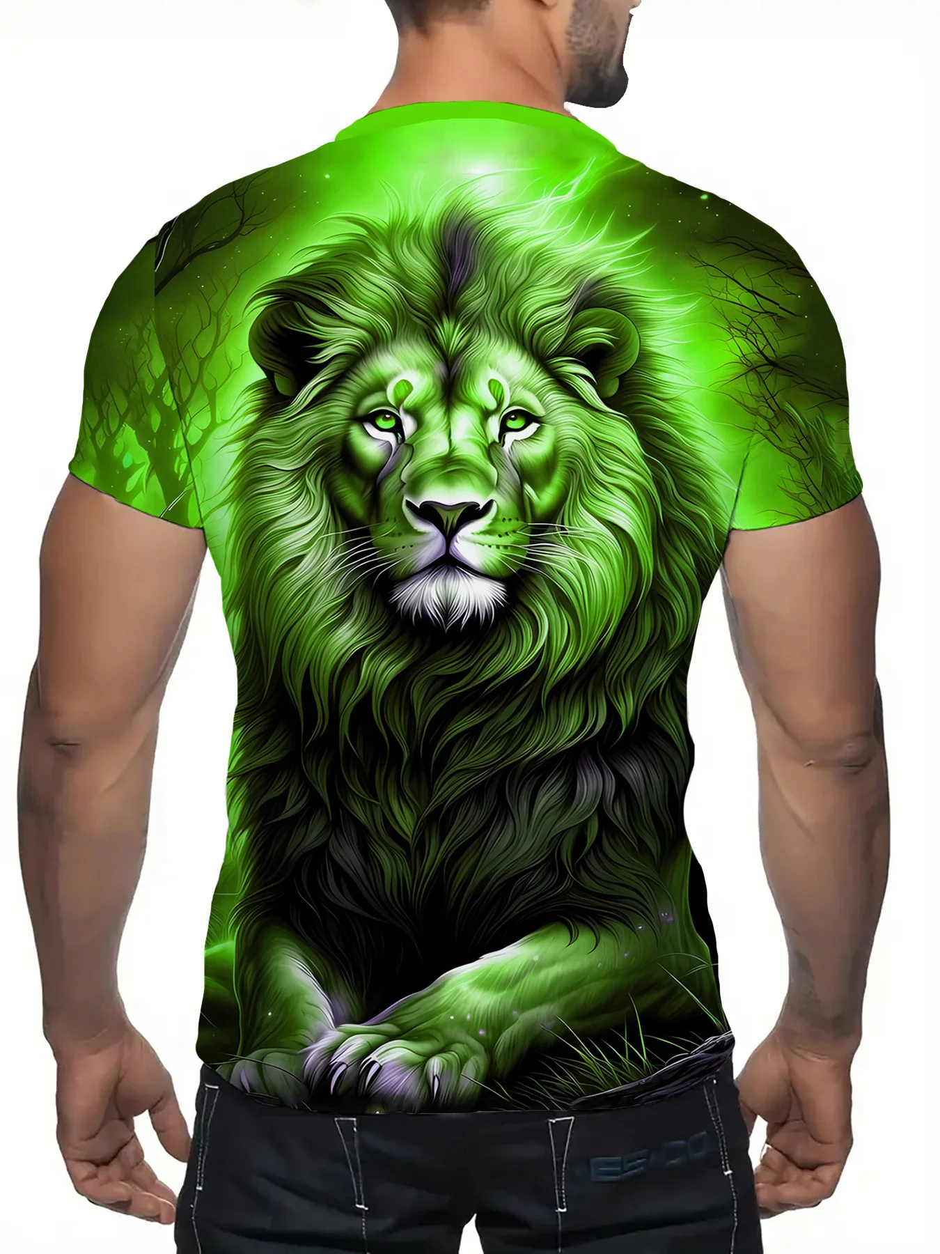 Men Short Sleeve T‑Shirt Mystic Green Lion Wild Animal Jungle Theme Crew Neck Casual Tops