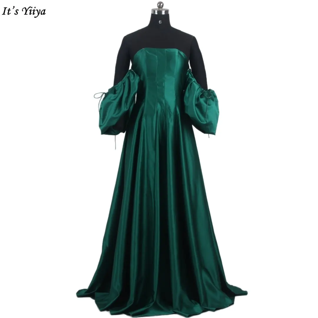 

It's Yiiya Evening Dress Green Shiny Satin Strapless Short Sleeves Floor-Length A-Line Plus size Party Formal Dresses Lady B1461