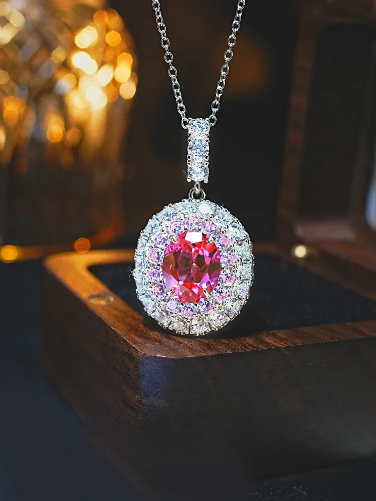 Desire Luxury Pink Tourmaline 925 Silver Flower Pendant Set with High Carbon Diamonds, Versatile, Retro, and Elegant Women